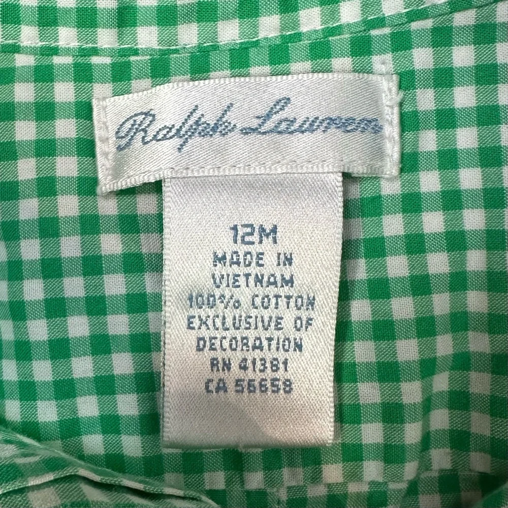 Ralph Lauren Baby Boy Green White Gingham Button Down Dress Shirt Size 12 Months